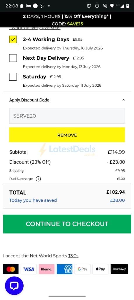 Screenshot of the Net World Sports discount code working