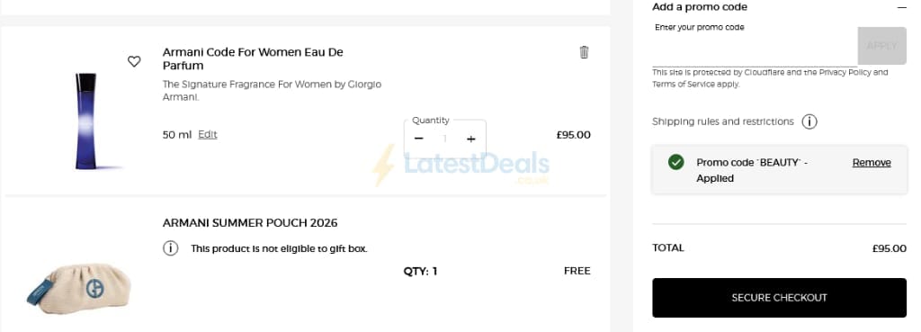 Screenshot of the Armani Beauty discount code working