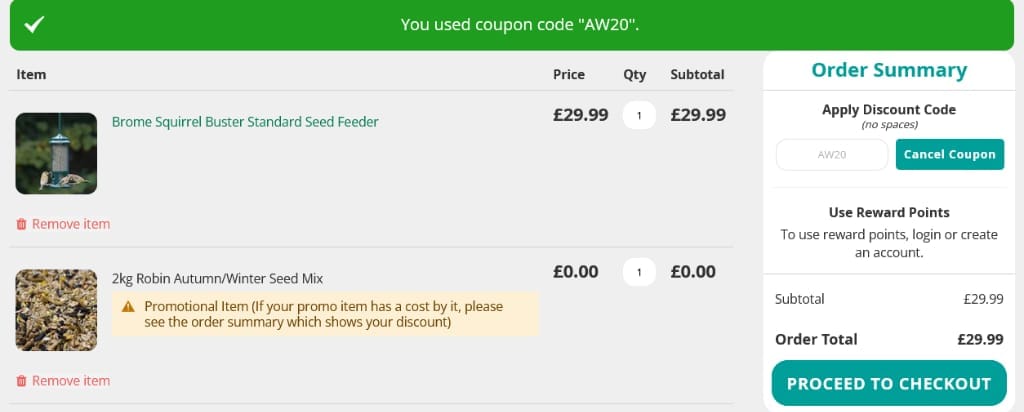 Screenshot of the Love Garden Birds discount code working