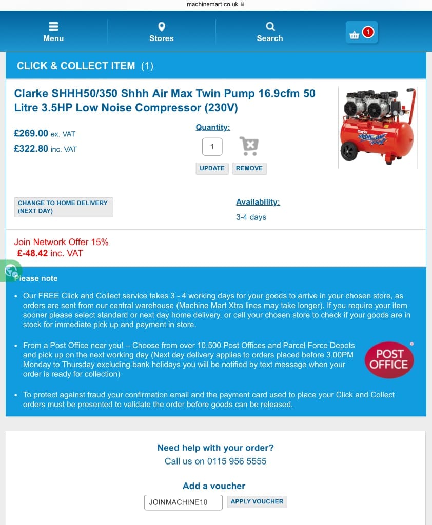 Screenshot of the Machine Mart discount code working