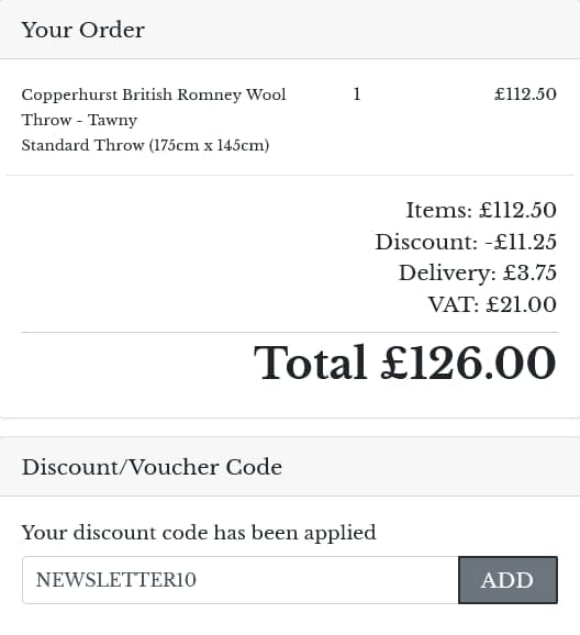 Screenshot of the Romney Marsh Wools discount code working