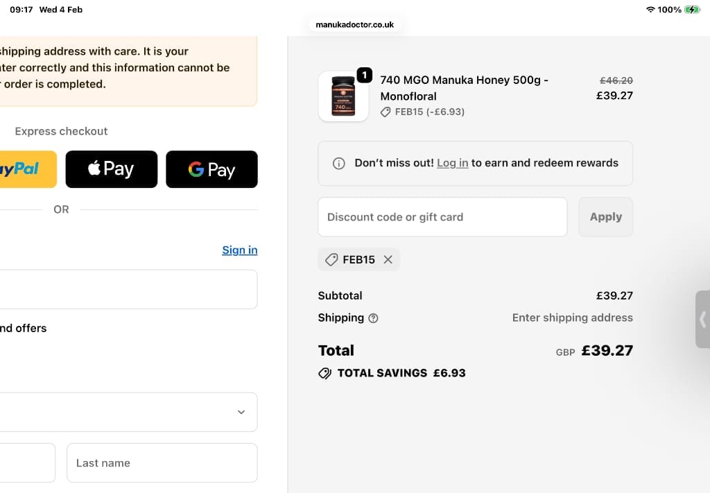 Screenshot of the Manuka Doctor discount code working