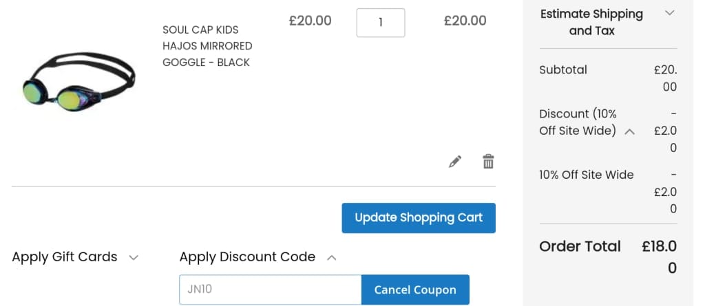 Screenshot of the ProSwimwear discount code working