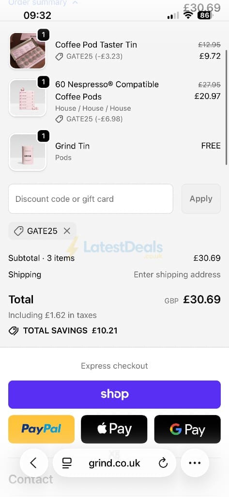 Screenshot of the Grind discount code working