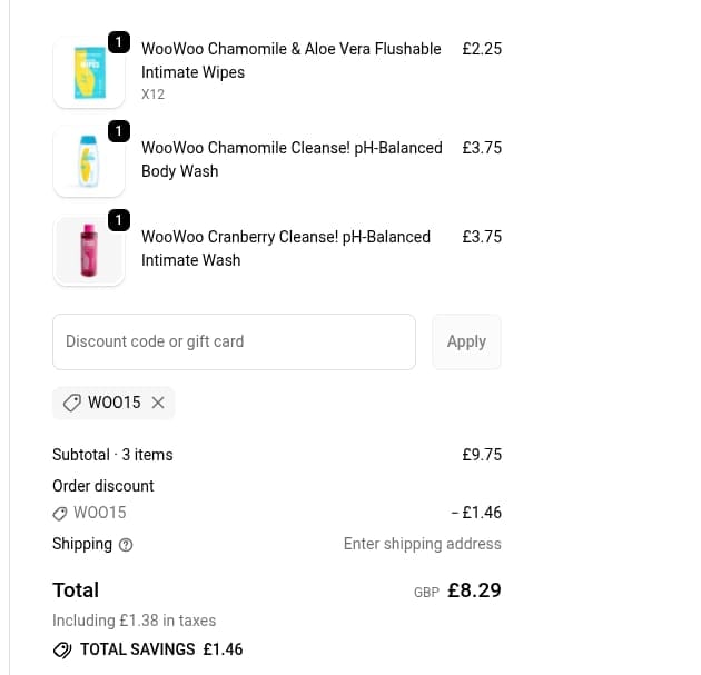 Screenshot of the WooWoo discount code working