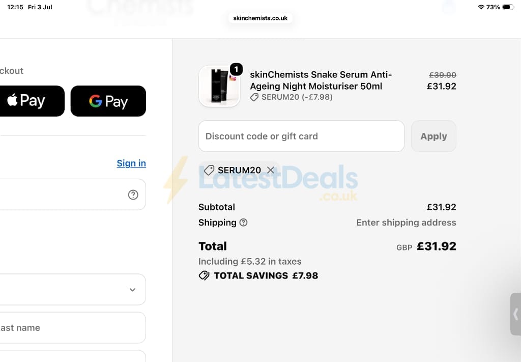 Screenshot of the skinChemists discount code working
