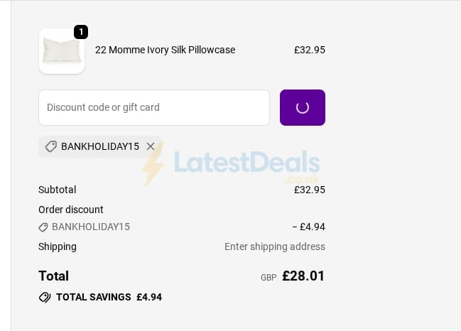 Screenshot of the Silk Pillowcase discount code working