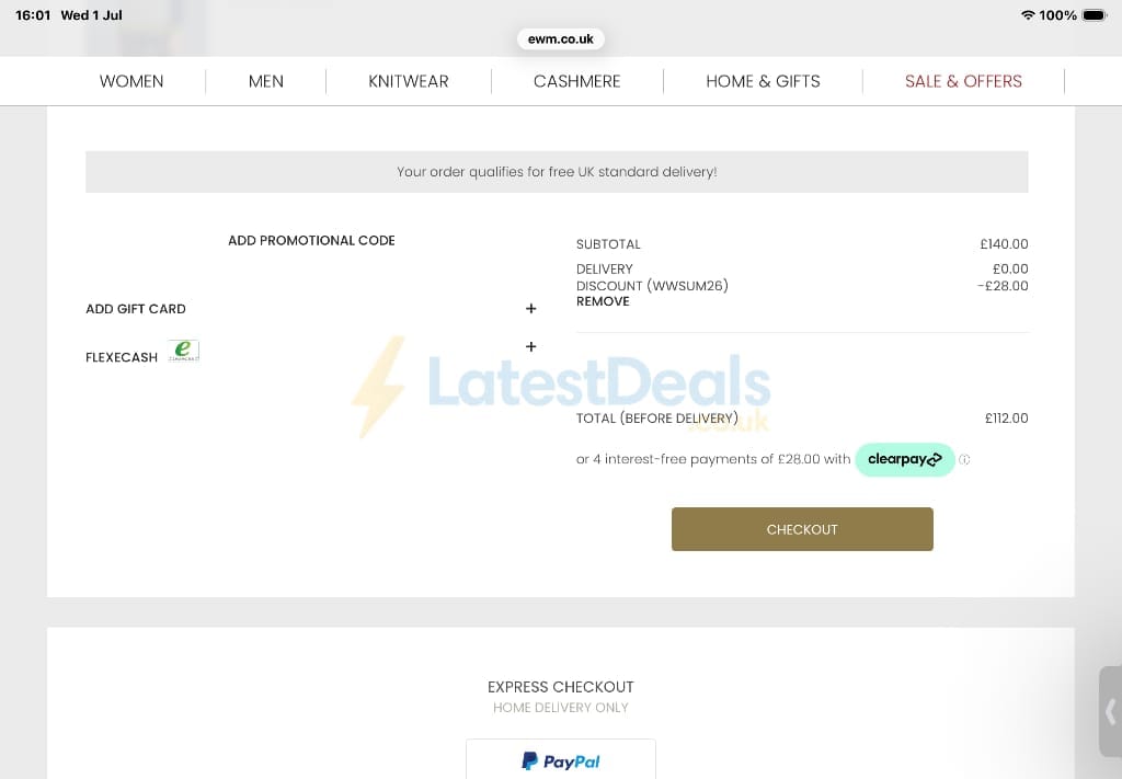 Screenshot of the The Edinburgh Woollen Mill discount code working