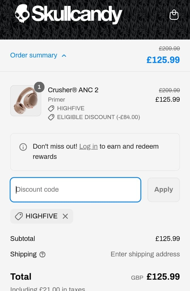 Screenshot of the Skullcandy discount code working