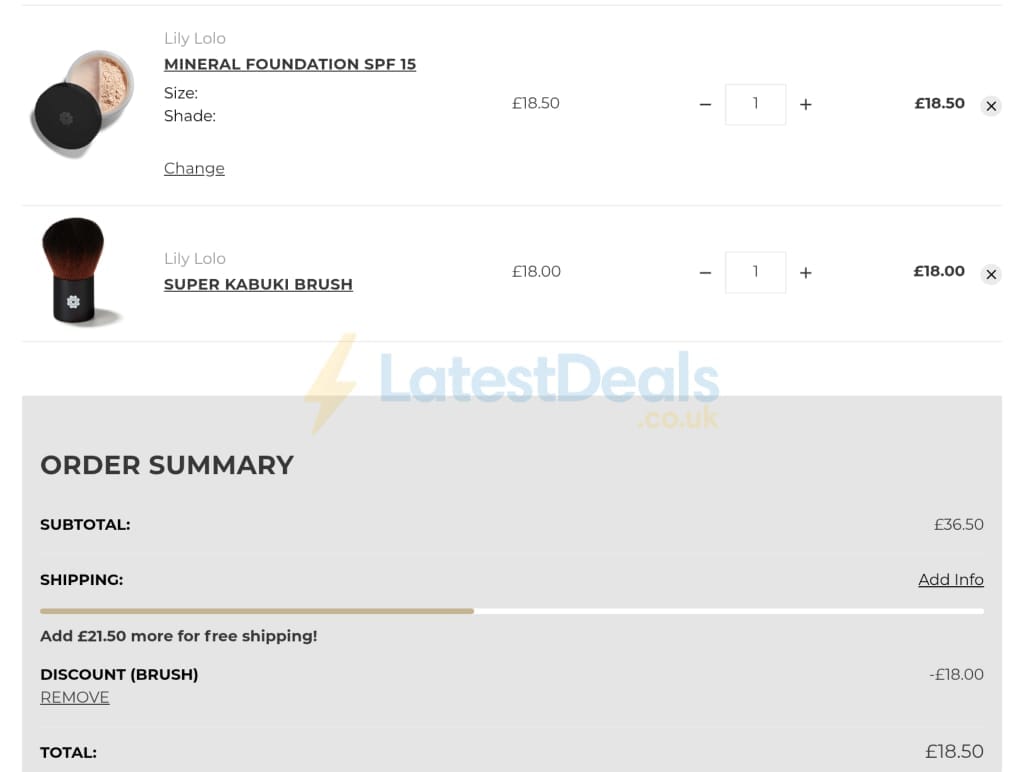 Screenshot of the Lily Lolo discount code working