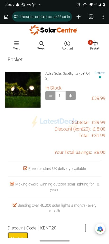 Screenshot of the Solar Centre discount code working