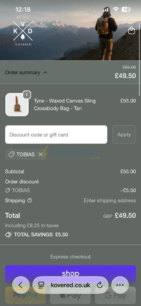 Screenshot of the KOVERED discount code working
