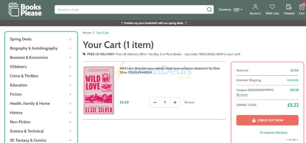 Screenshot of the Books Please discount code working