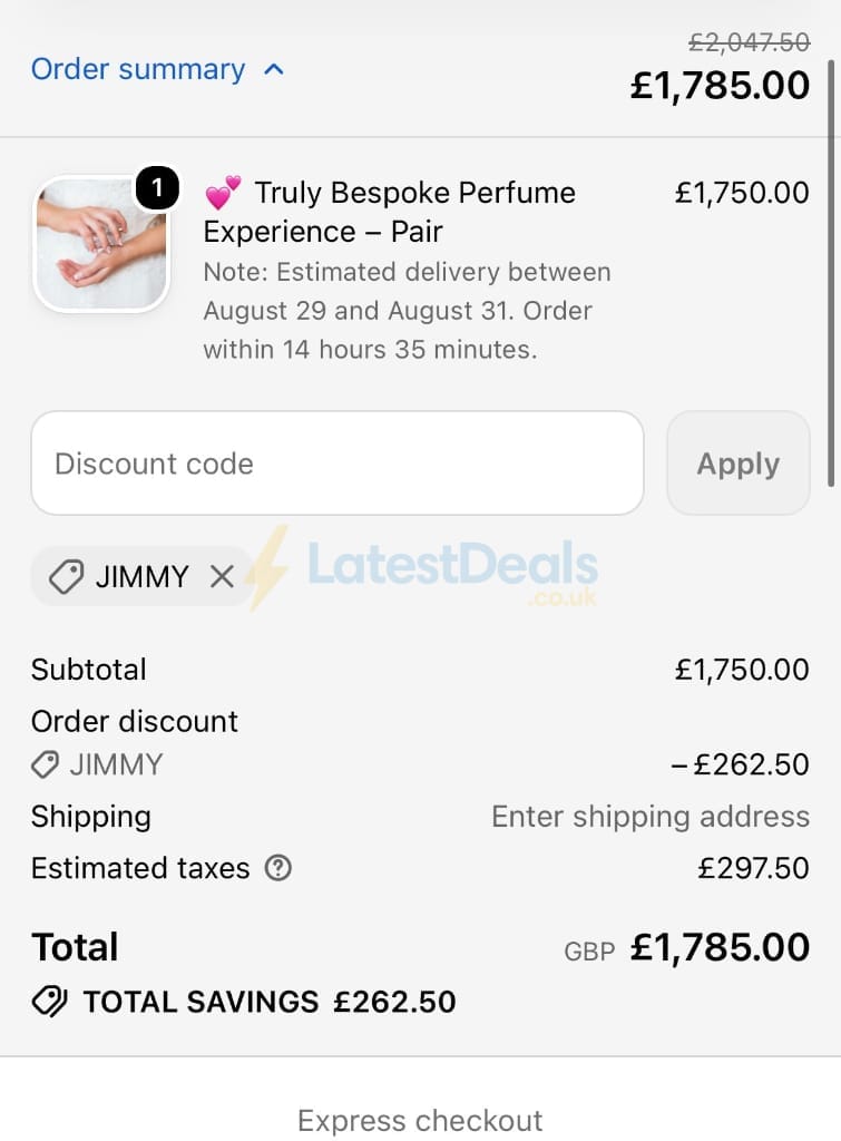 Screenshot of the Hamdah London UK discount code working