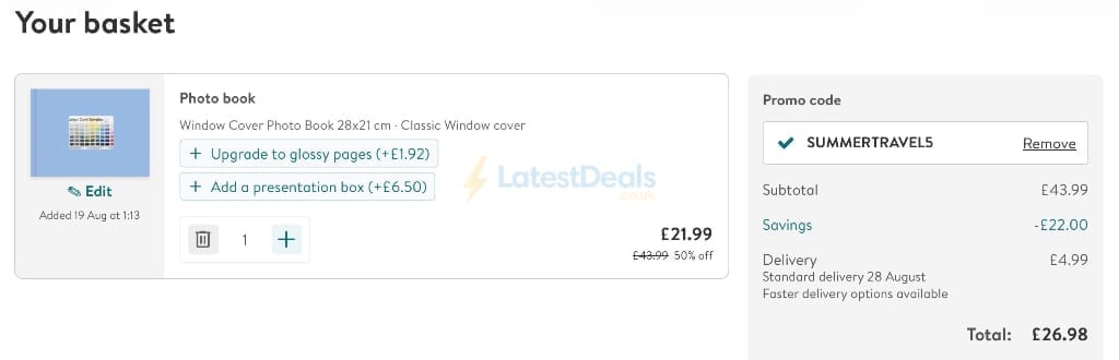 Screenshot of the Photobox discount code working