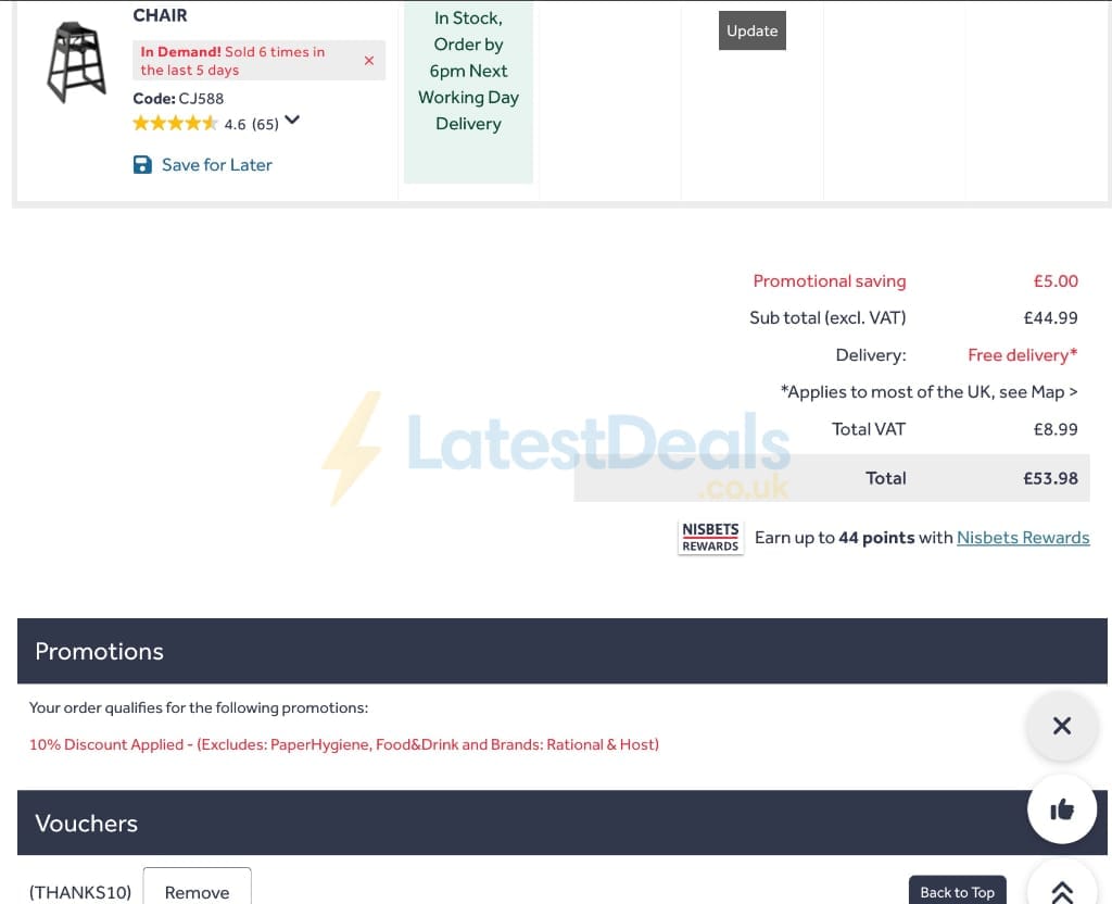 Screenshot of the Nisbets discount code working