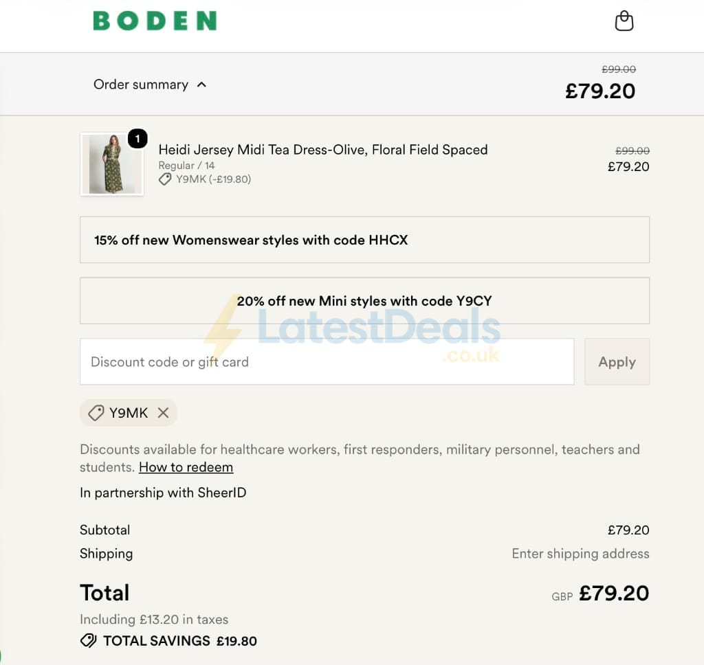 Screenshot of the BODEN discount code working