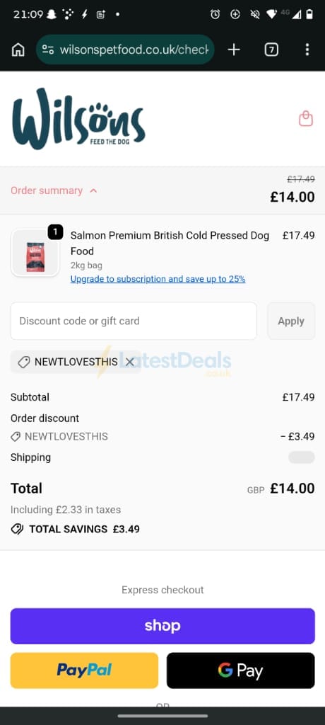 Screenshot of the Wilsons Pet Food discount code working