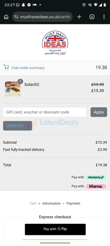 Screenshot of the Must Have Ideas discount code working