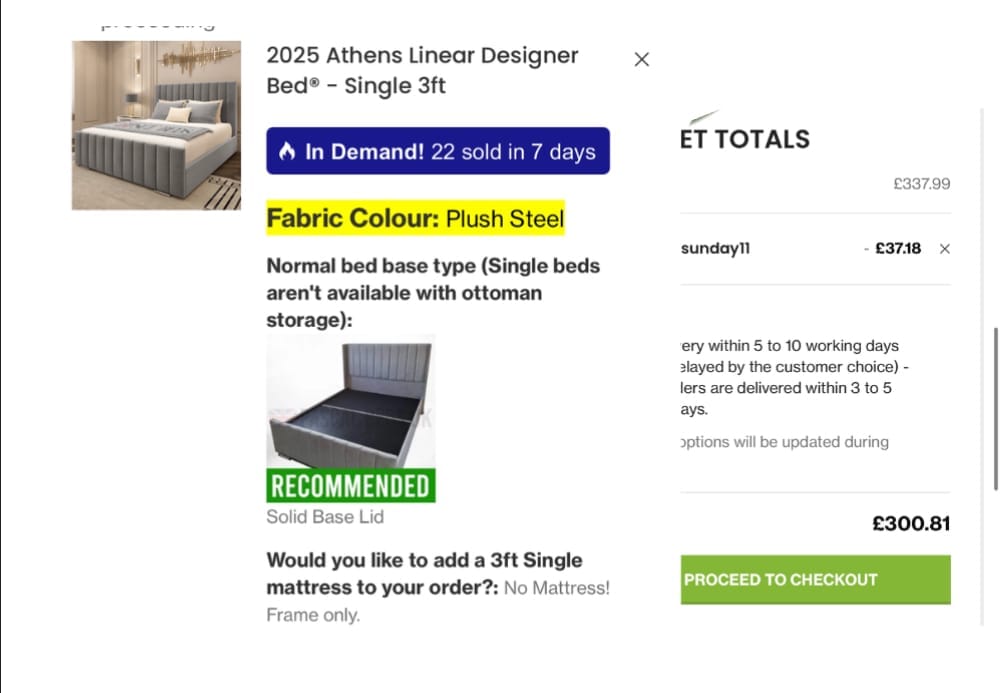Screenshot of the PSCL Beds discount code working