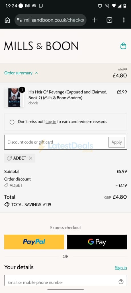 Screenshot of the Mills & Boon discount code working