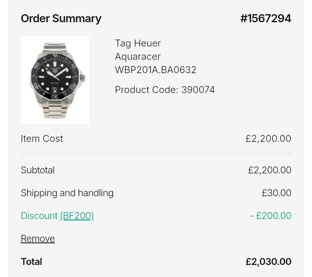 Screenshot of the Watchfinder & Co. discount code working