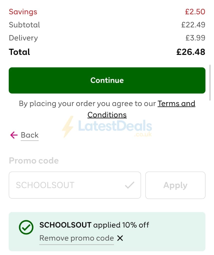 Screenshot of the Very discount code working