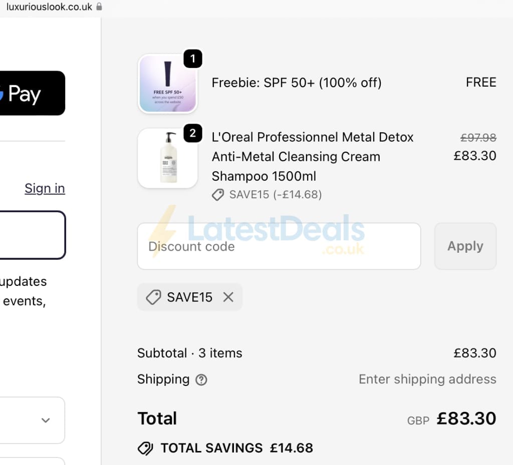 Screenshot of the LuxuriousLook discount code working