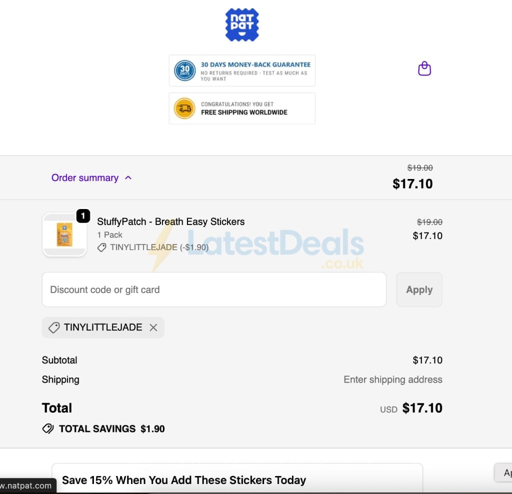 Screenshot of the Natural Patch discount code working
