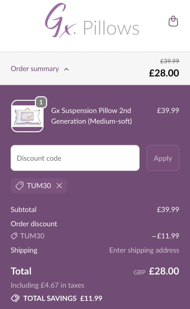 Screenshot of the Gx Pillows discount code working