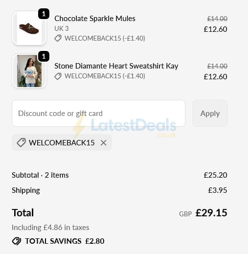 Screenshot of the Tilletts discount code working