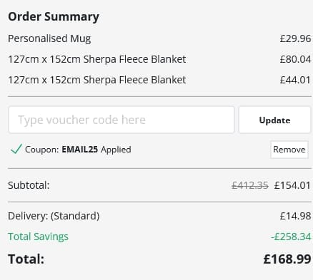 Screenshot of the Printerpix discount code working