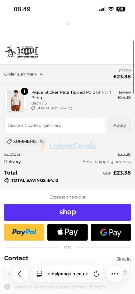 Screenshot of the Original Penguin discount code working