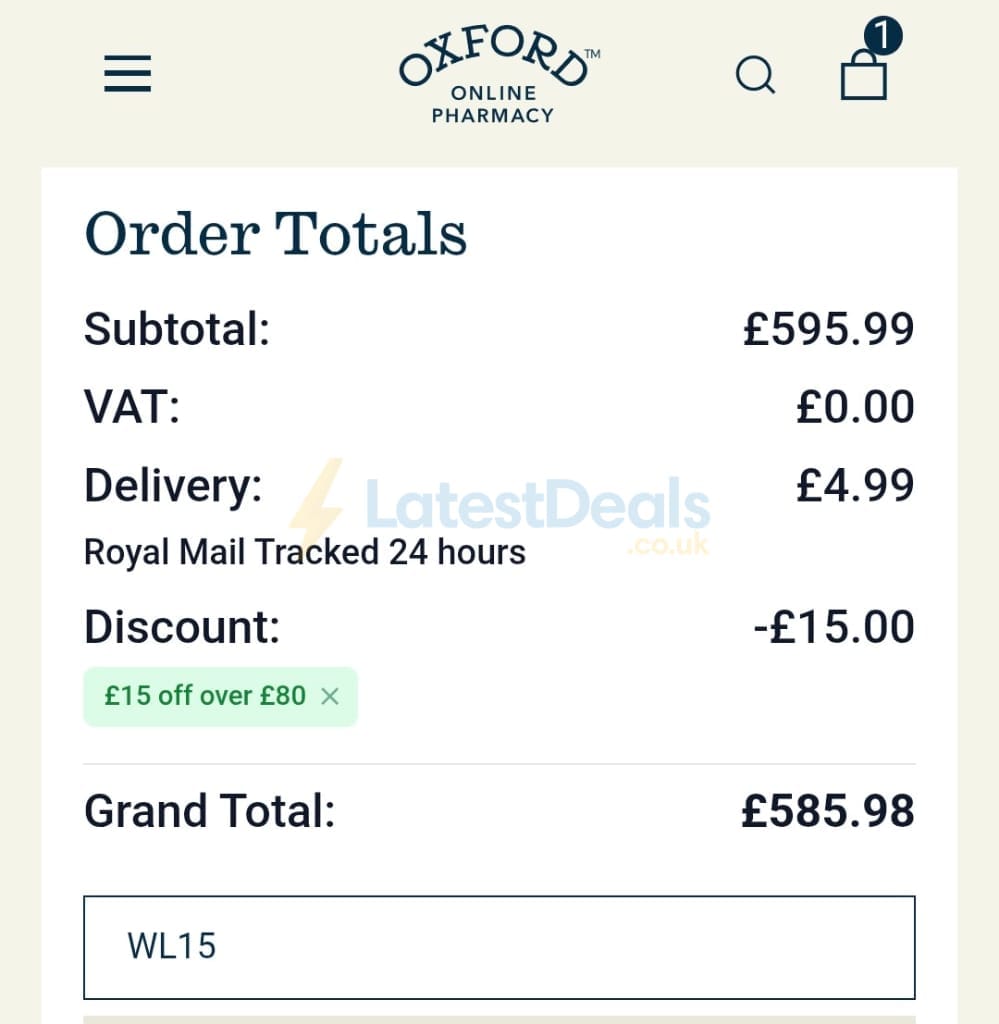 Screenshot of the Oxford Online Pharmacy discount code working