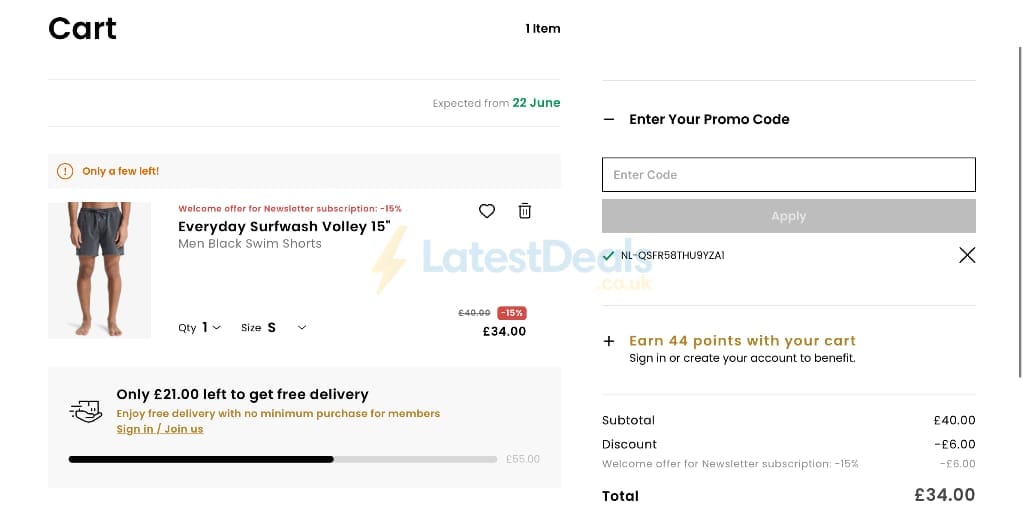 Screenshot of the Quiksilver discount code working