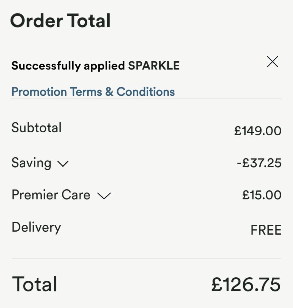 Screenshot of the H Samuel discount code working