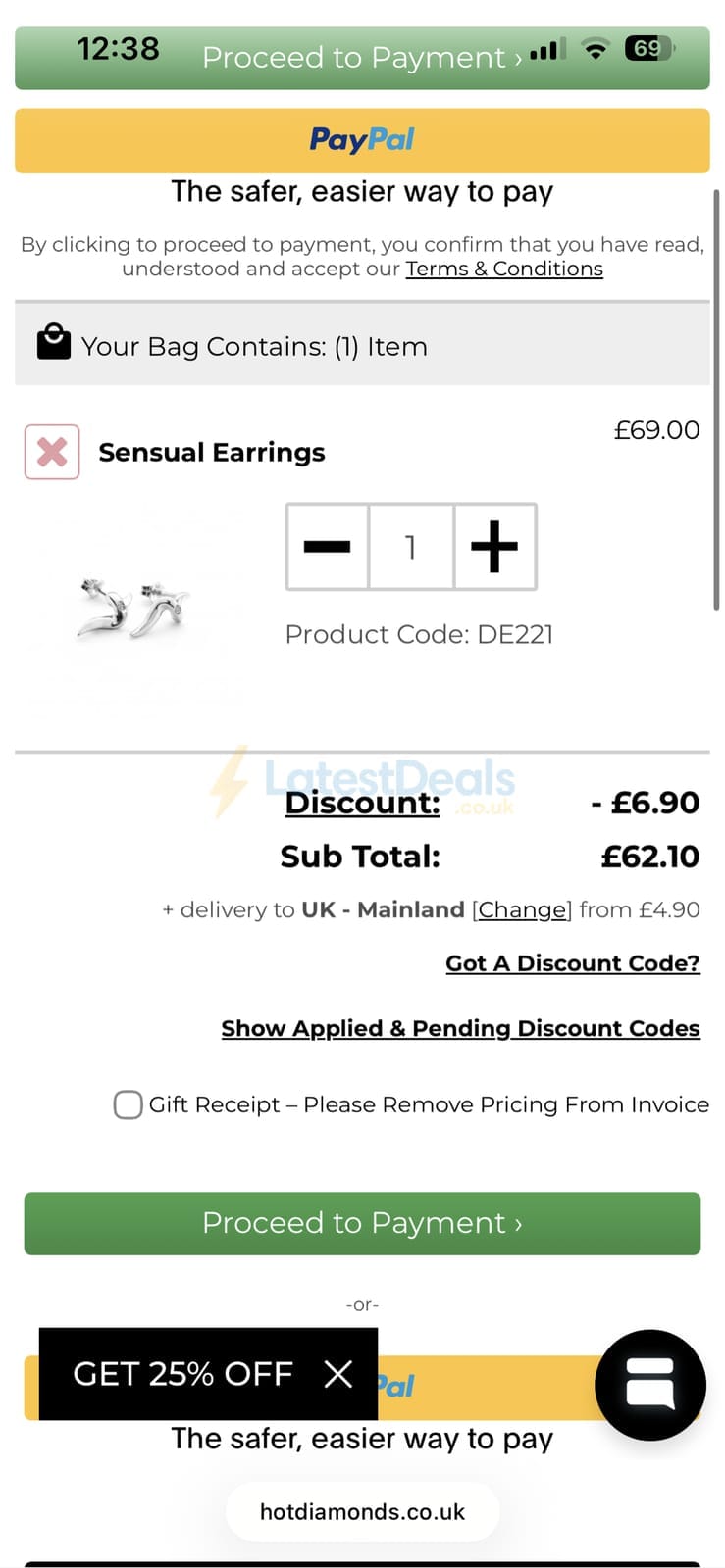 Screenshot of the Hot Diamonds discount code working
