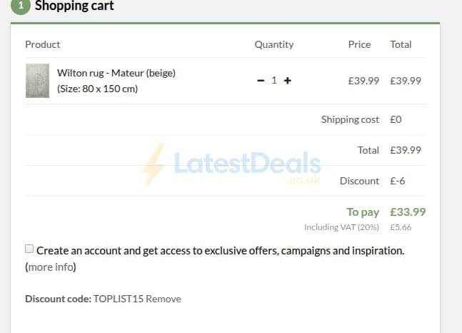 Screenshot of the Trendcarpet discount code working