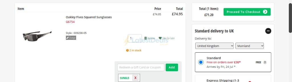 Screenshot of the GolfOnline discount code working