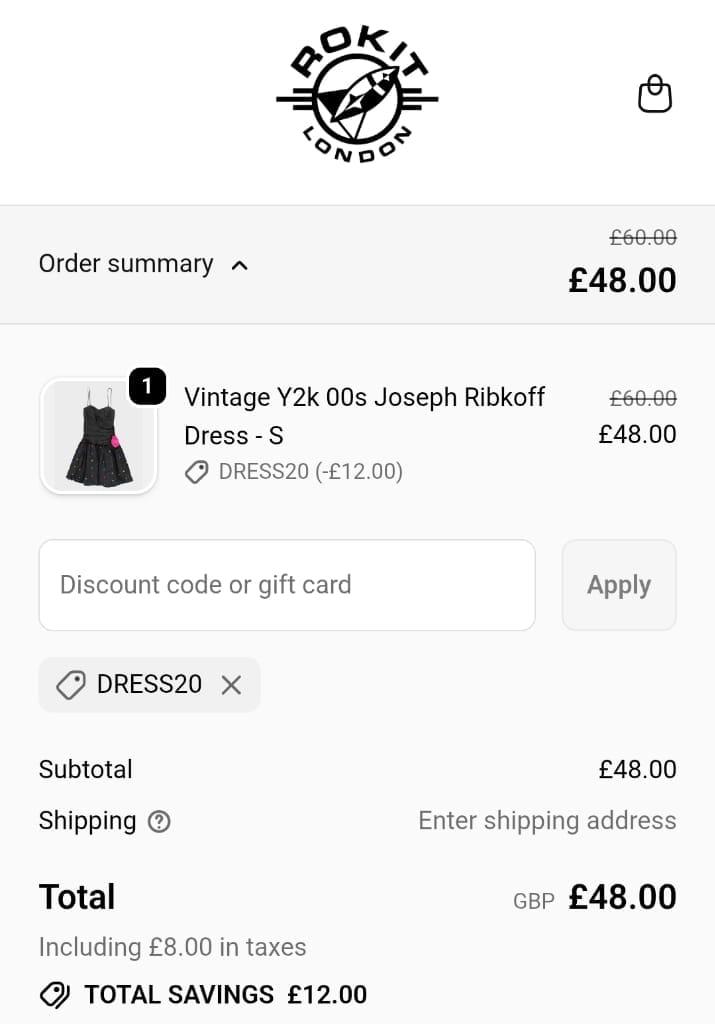 Screenshot of the Rokit Vintage discount code working