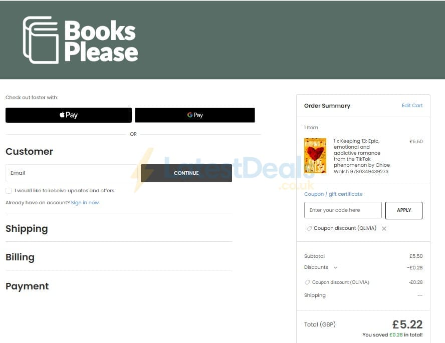Screenshot of the Books Please discount code working