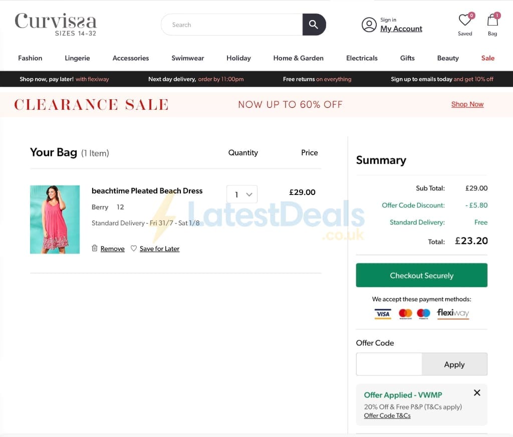 Screenshot of the Curvissa discount code working