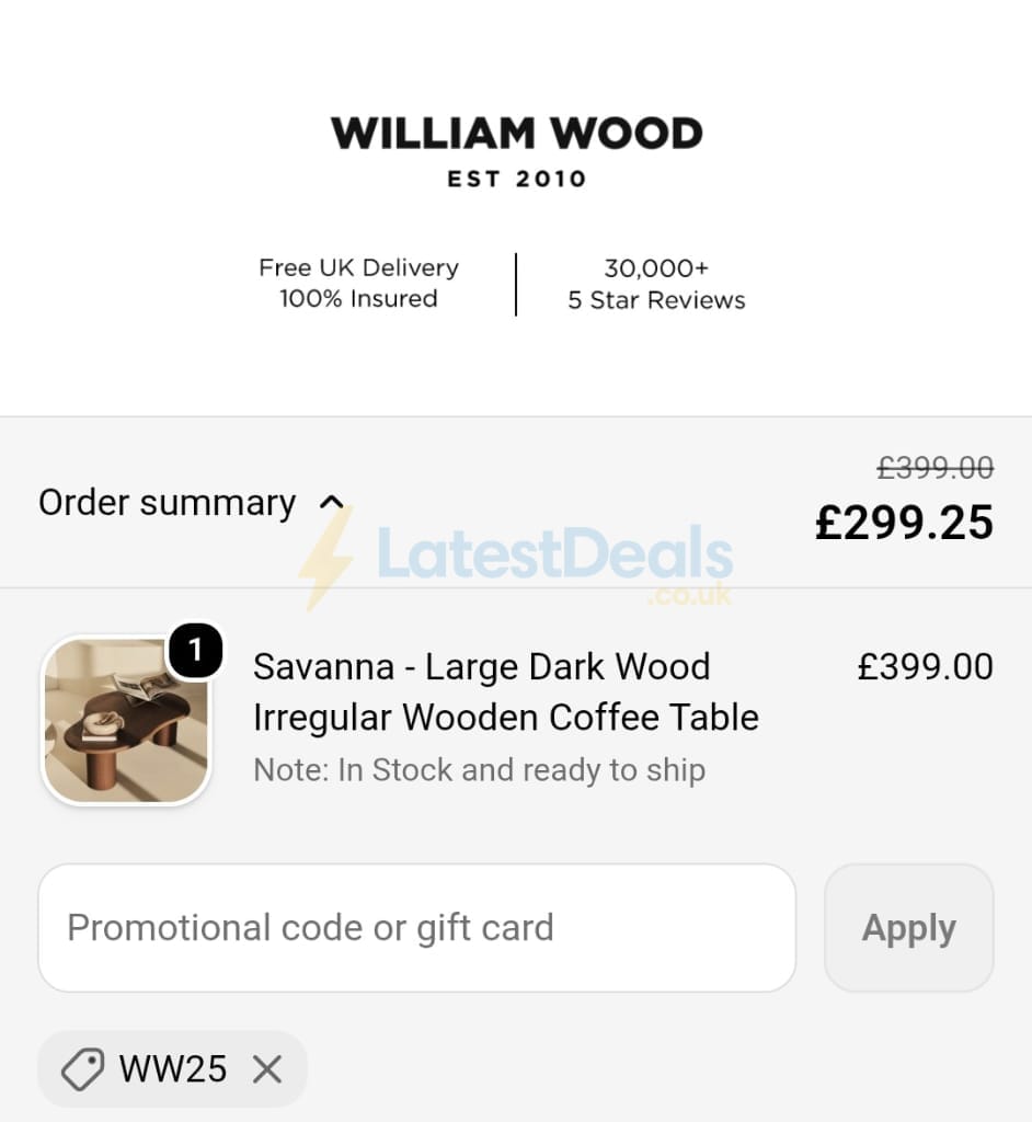 Screenshot of the William Wood Mirrors discount code working