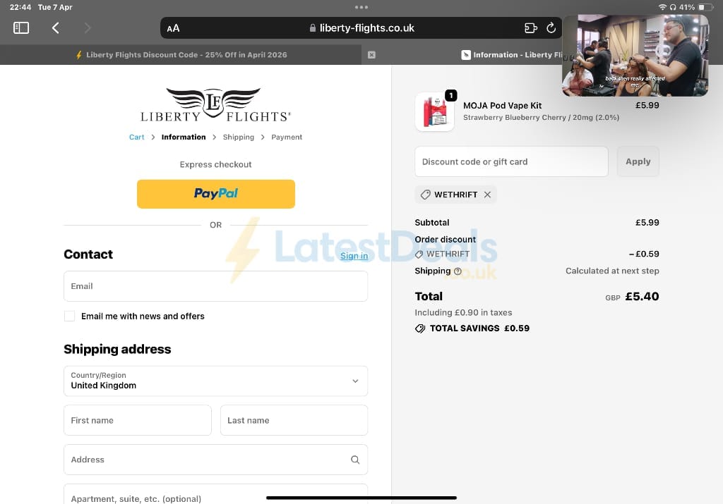 Screenshot of the Liberty Flights discount code working