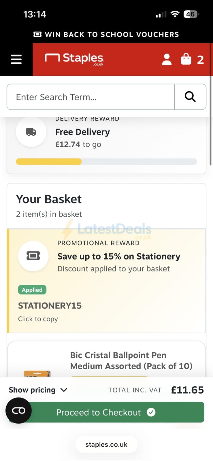 Screenshot of the Staples discount code working