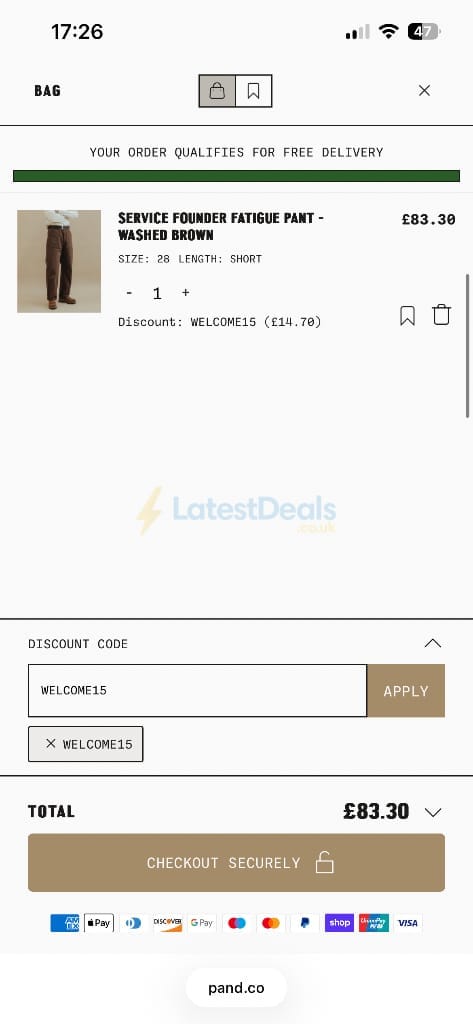 Screenshot of the P&Co discount code working