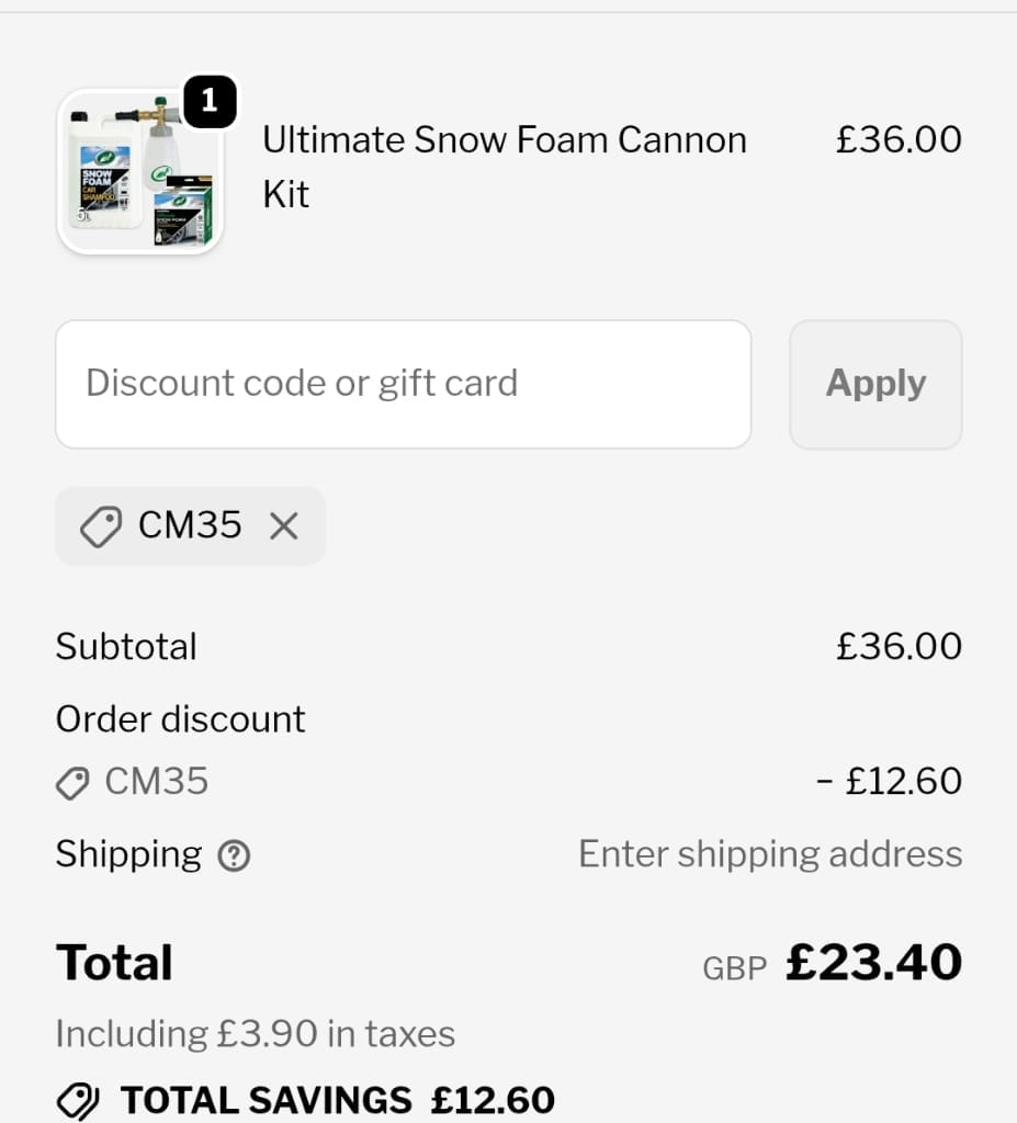 Screenshot of the Turtlewax discount code working