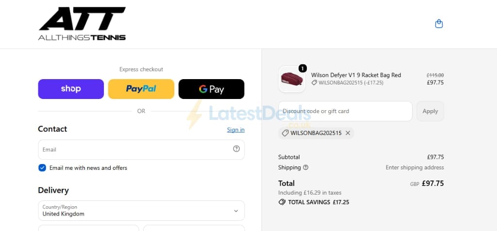 Screenshot of the All Things Tennis discount code working
