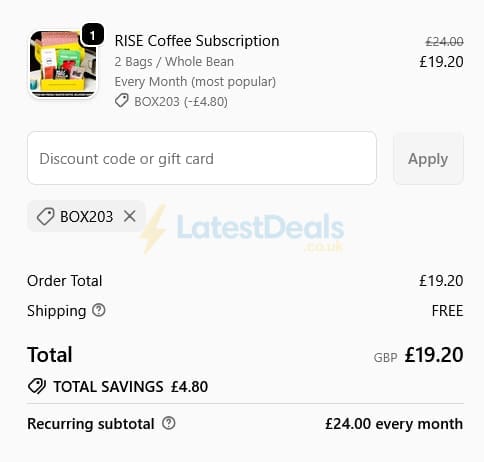 Screenshot of the RISE discount code working