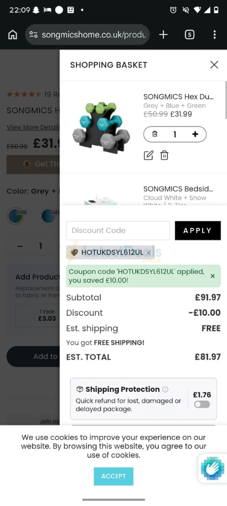 Screenshot of the Songmics discount code working
